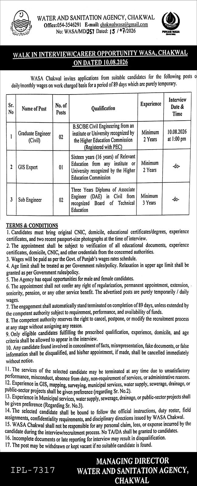 Water And Sanitation Agency WASA Jobs in Chakwal July 2026 - Walk in Interview