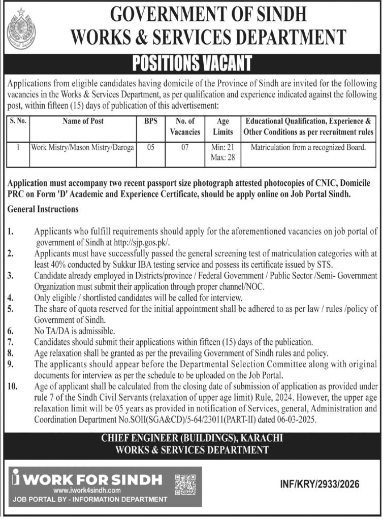 Works & Services Department Sindh Jobs 2026