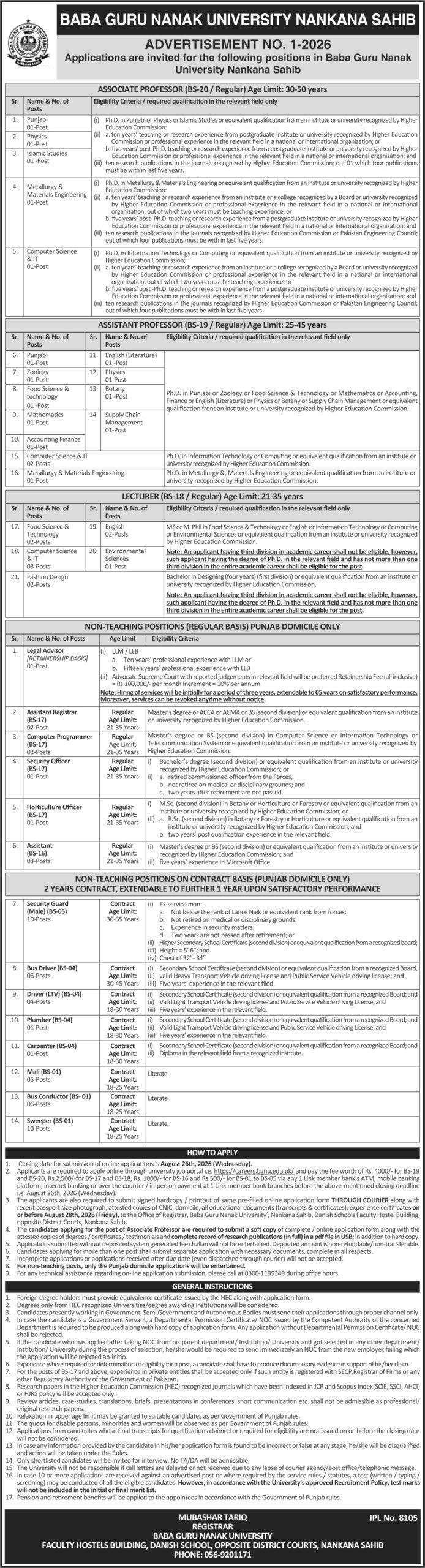 Baba Guru Nanak University Jobs in Nankana Sahib August 2026
