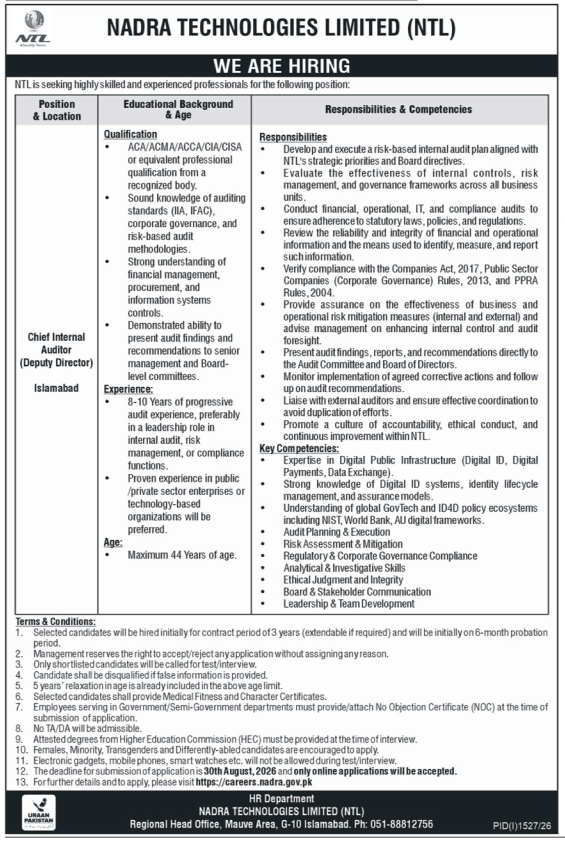 Chief Internal Auditor Jobs in NADRA Islamabad August 2026