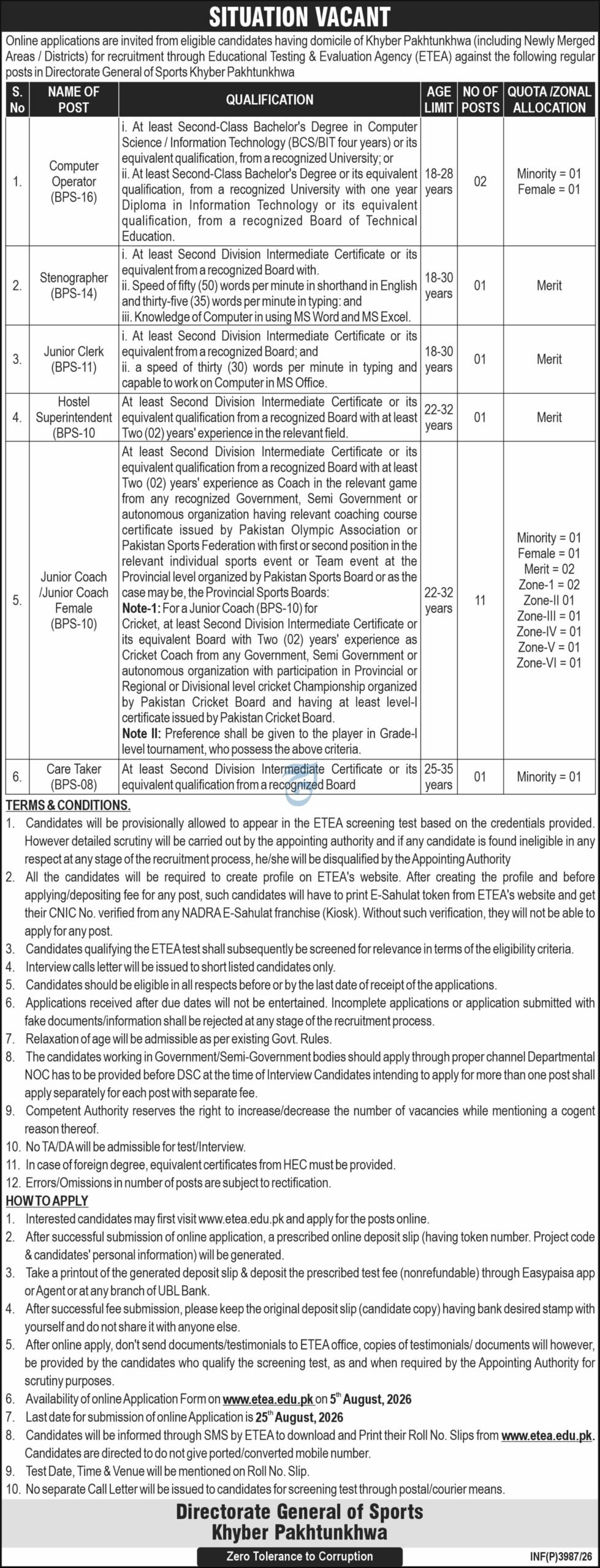 Educational Testing & Evaluation Agency ETEA Jobs in Peshawar August 2026