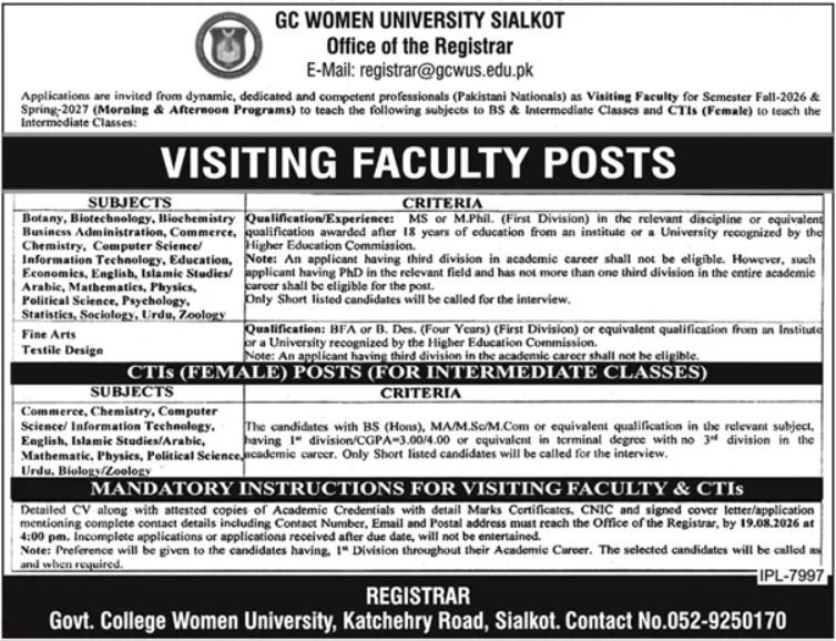 GC Women University Sialkot Jobs 2026