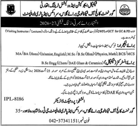 Govt College Of Technology For Glass Ceramics TEVTA Jobs 2026