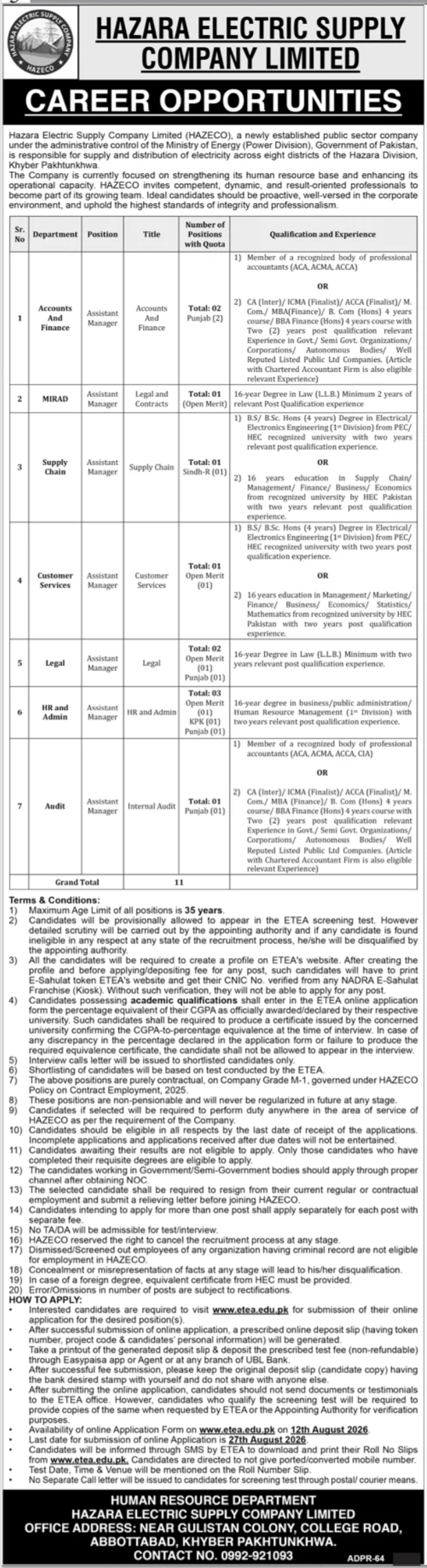 Hazara Electric Supply Company HAZECO Jobs August 2026