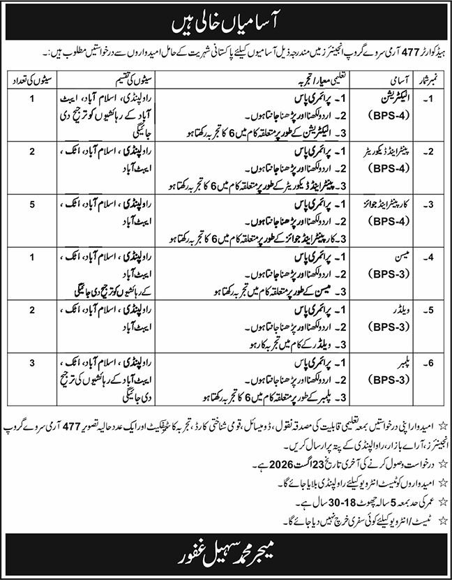 Headquarter 477 Army Survey Group Engineers Rawalpindi Jobs August 2026