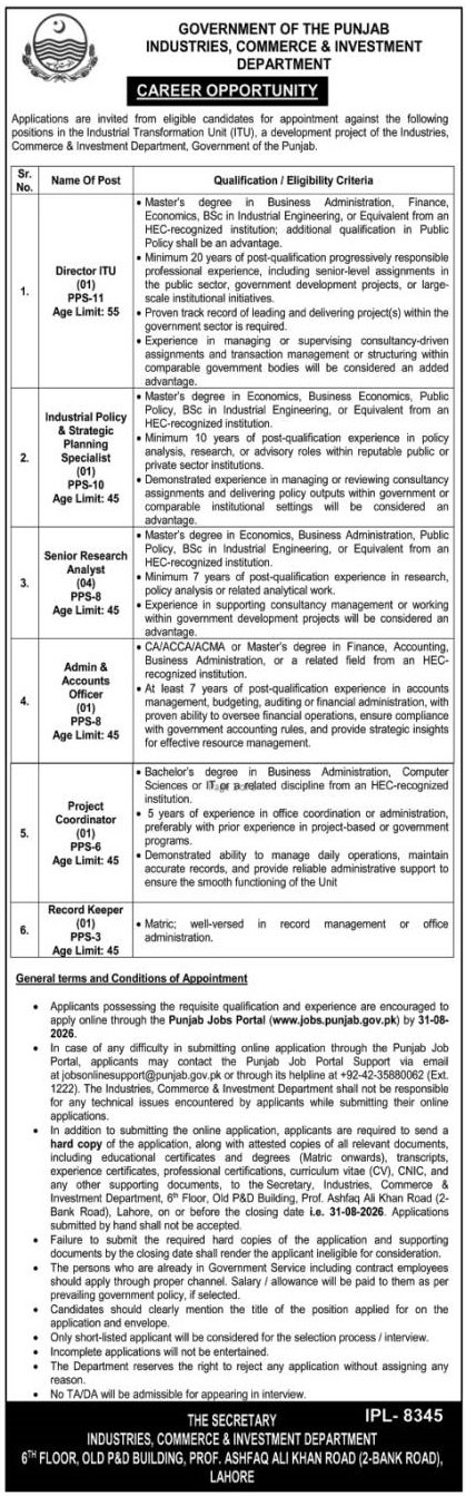 ndustries Commerce & Investment Department Jobs in Punjab August 2026