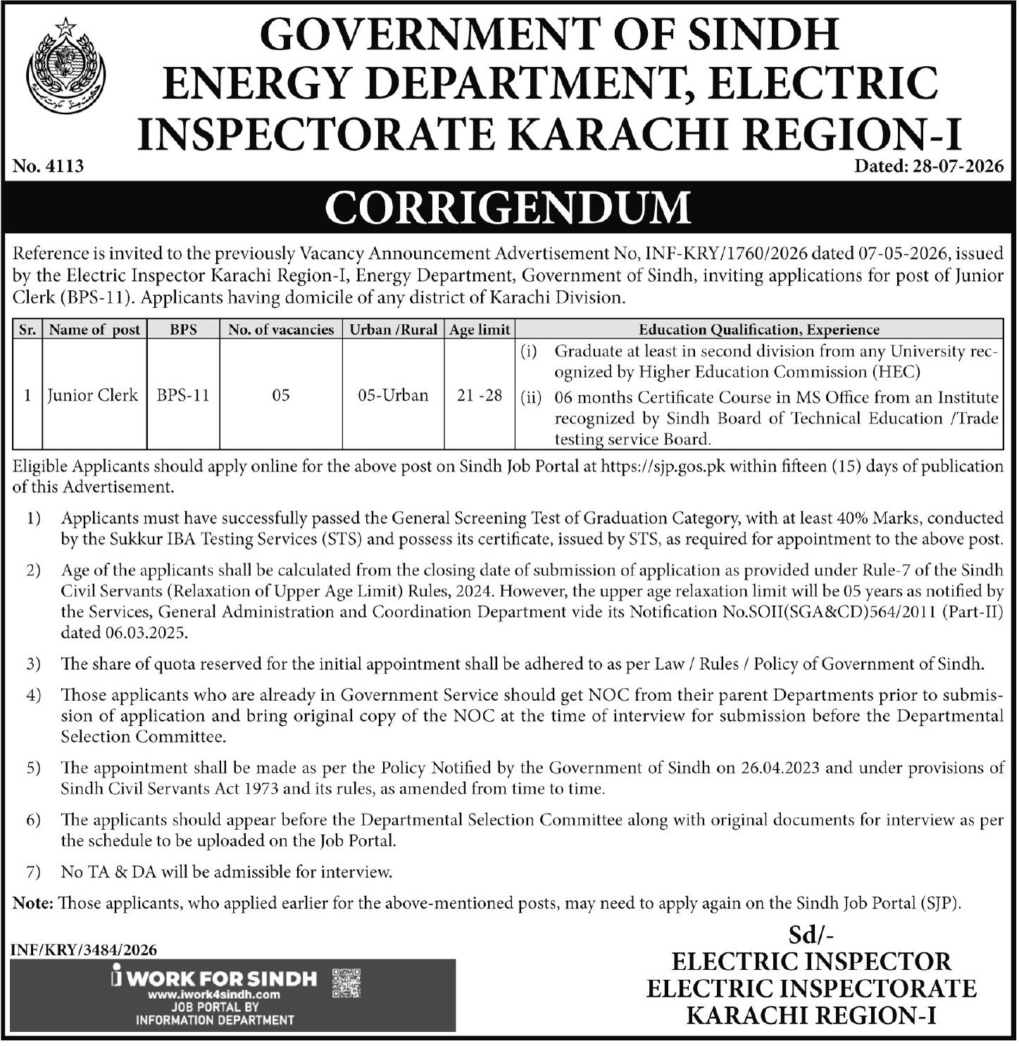 Junior Clerk Jobs in Energy Department Govt of Sindh August 2026