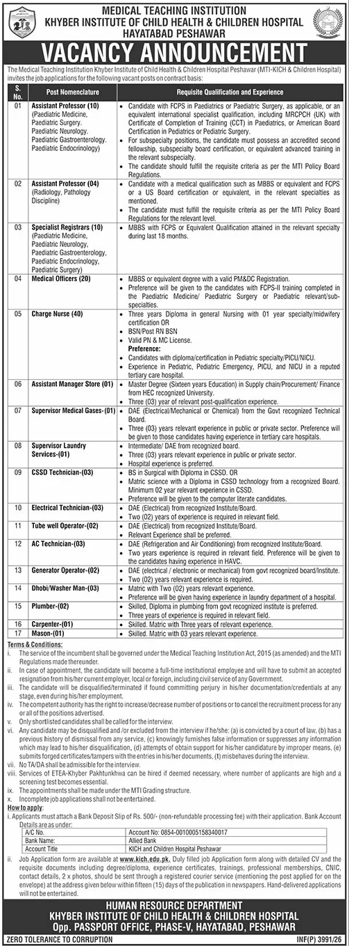 Khyber Institute Of Child Health & Children Hospital Jobs in Peshawar August 2026