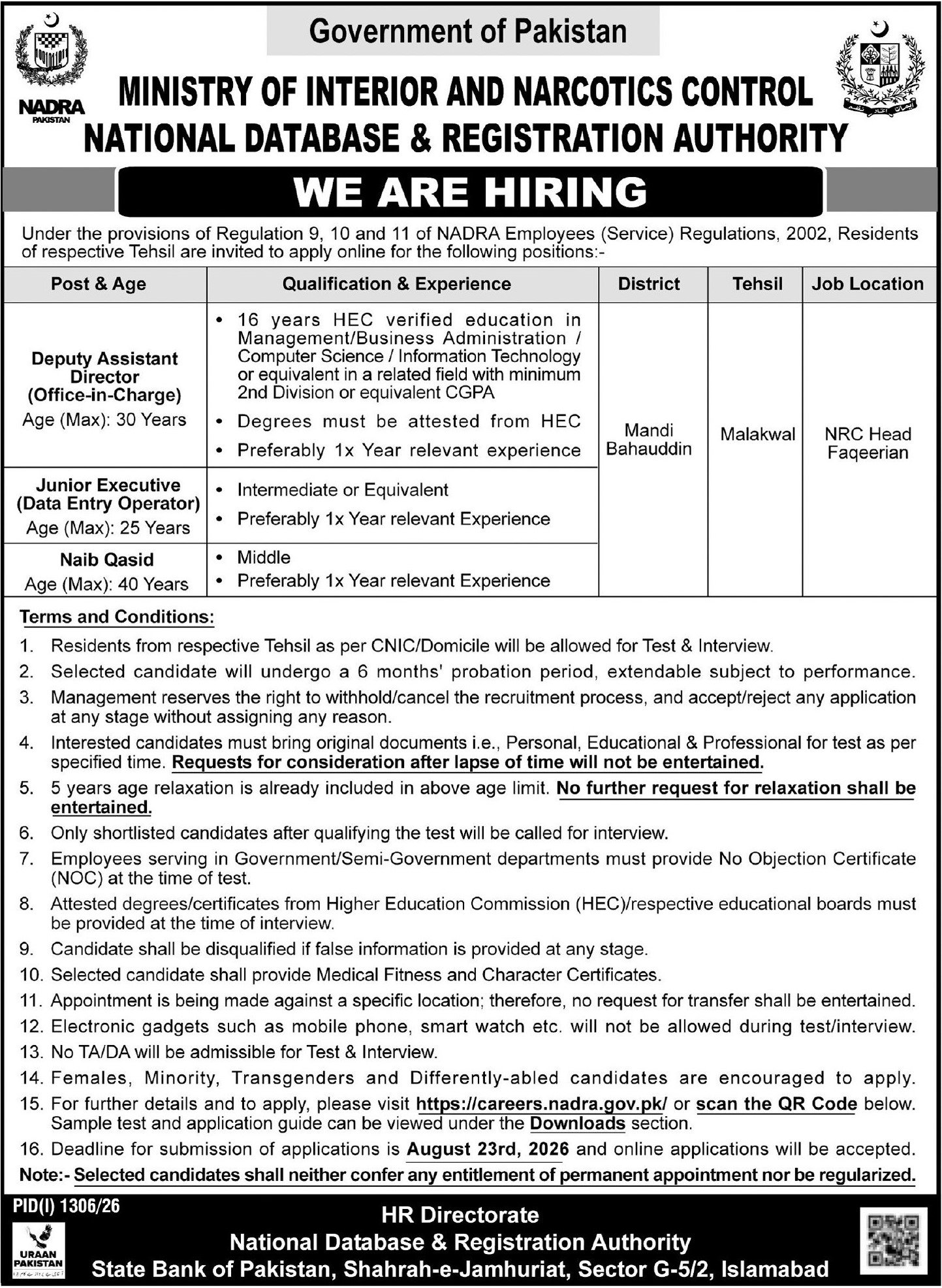 Latest NADRA Jobs in Mandi Bahauddin August 2026