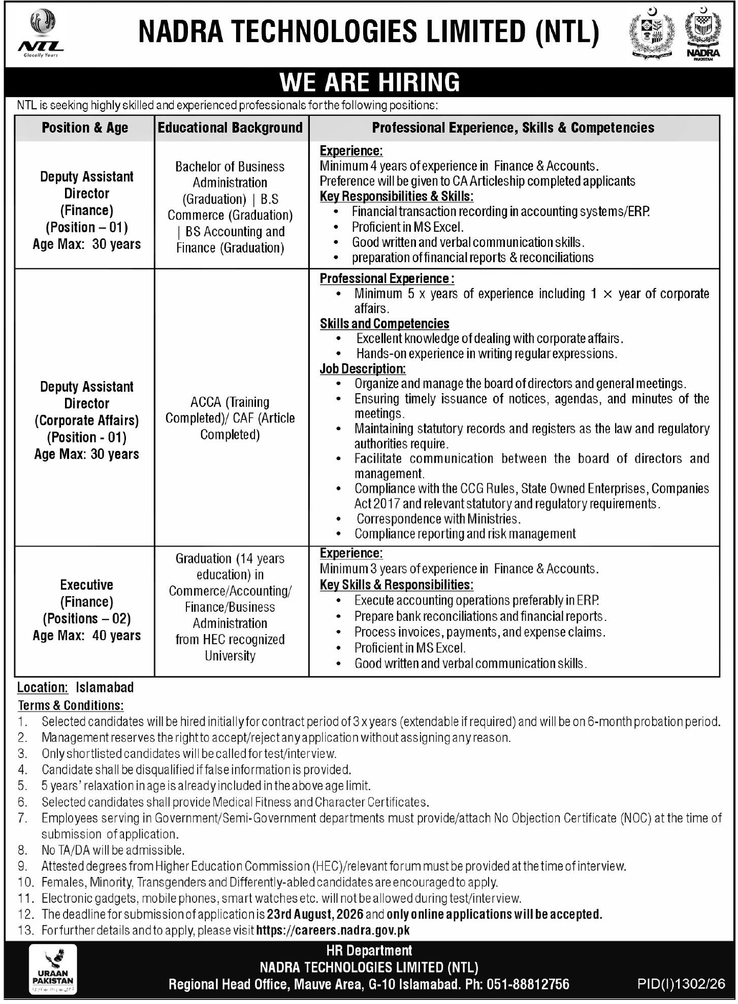 Nadra Technologies Limited NTL Jobs in Islamabad August 2026