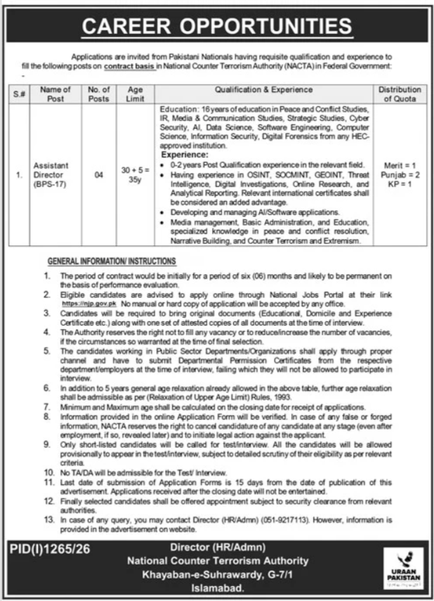 National Counter Terrorism Authority NACTA Jobs August 2026 Advertisement