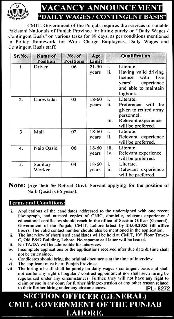 New Chief Minister Inspection Team CMIT Jobs in Lahore August 2026