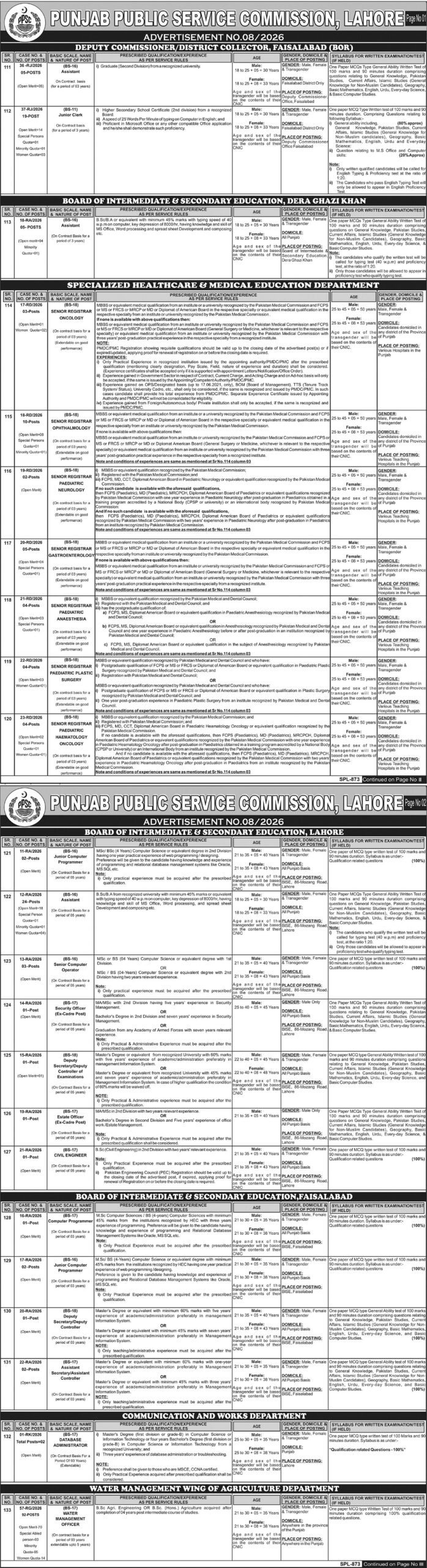 Latest Punjab Public Service Commission PPSC Jobs Advertisement No 08 August 2026