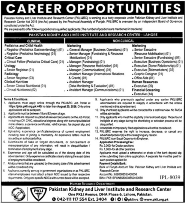 Pakistan Kidney And Liver Institute And Research Centre Jobs August 2026