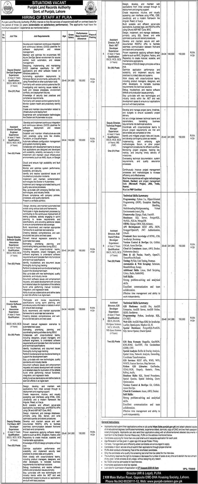 Punjab Land Records Authority PLRA Jobs August 2026 Advertisement