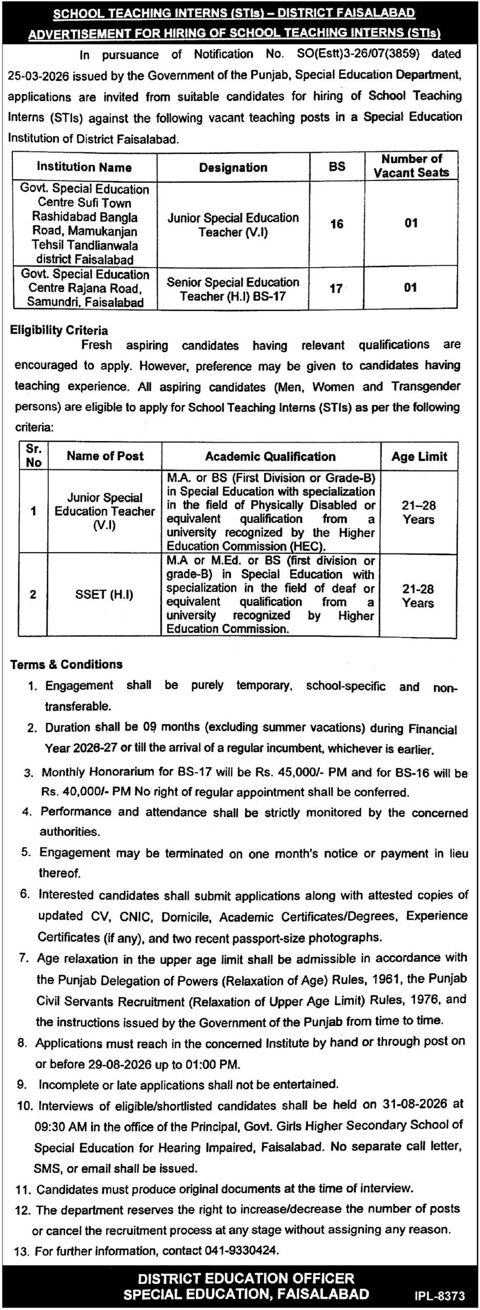 STIs Jobs in Special Education Department Faisalabad August 2026