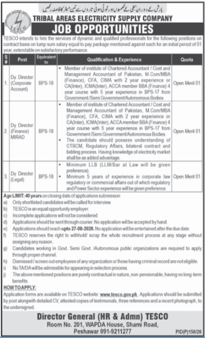 Tribal Areas Electricity Supply Company TESCO Jobs August 2026