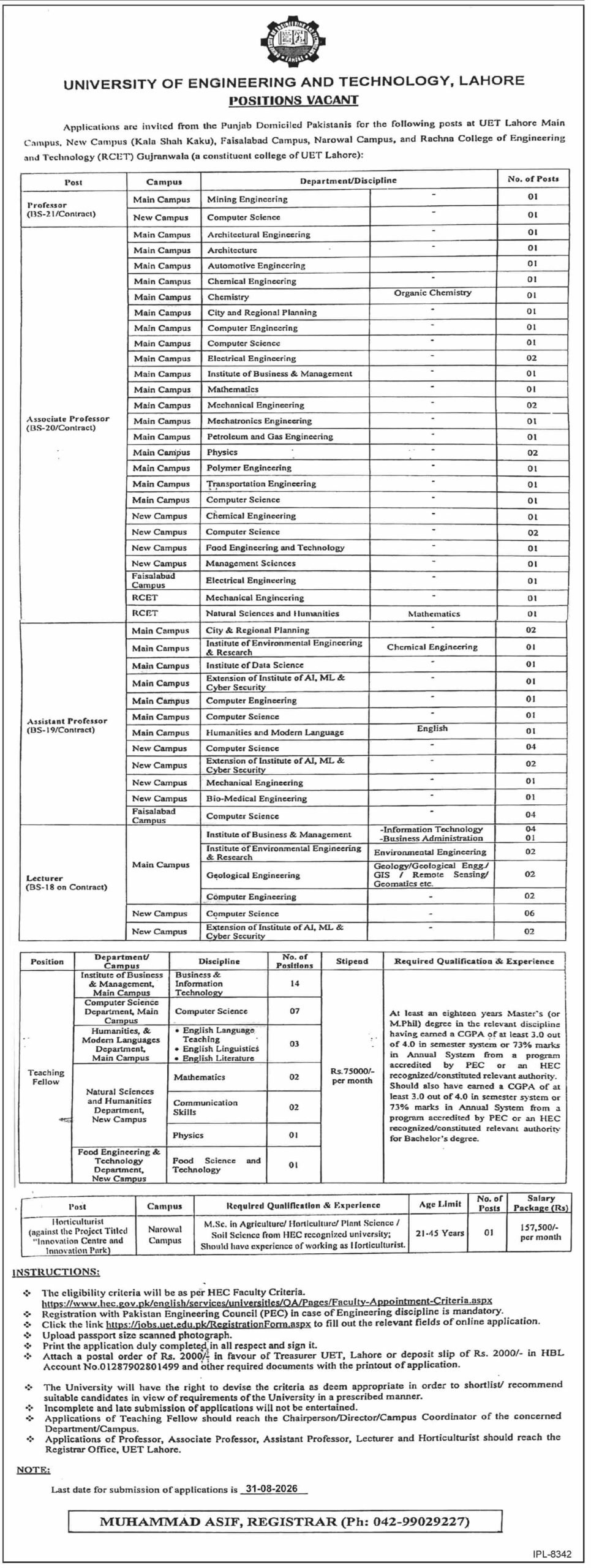 University Of Engineering & Technology UET Jobs in Lahore August 2026
