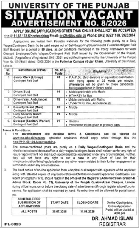 University Of Punjab UOP Jobs in Lahore August 2026