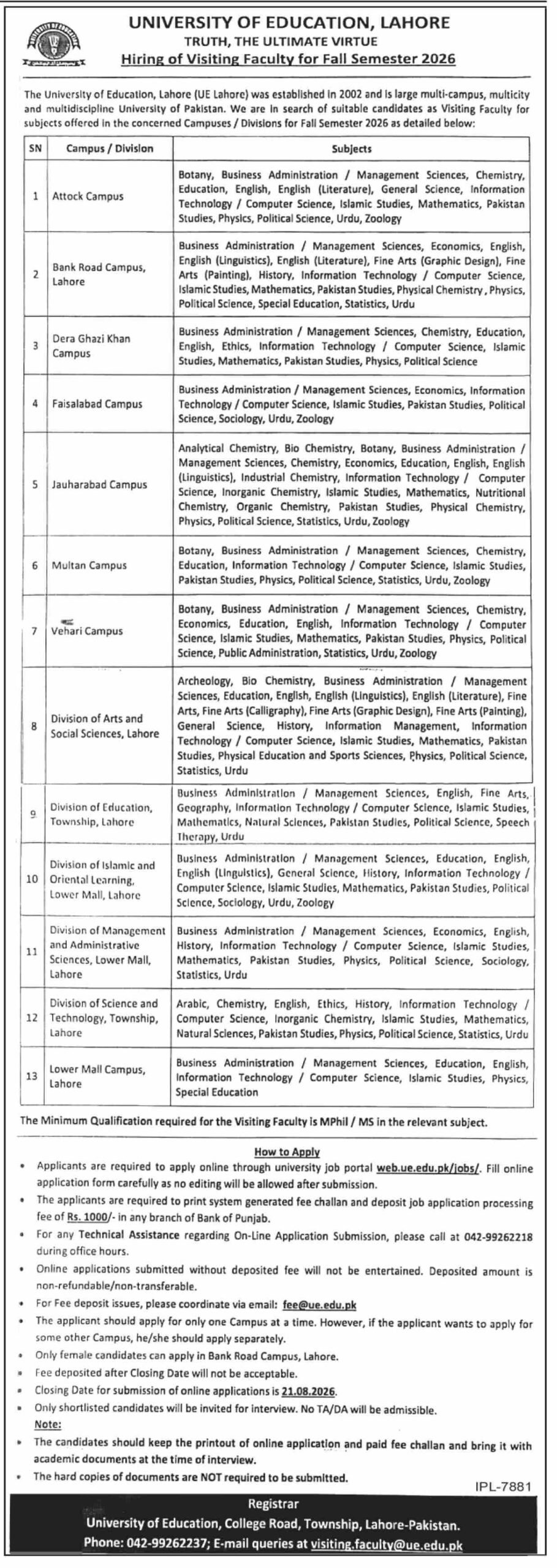 Visiting Faculty Jobs in Multiple Campuses of University Of Education Lahore August 2026