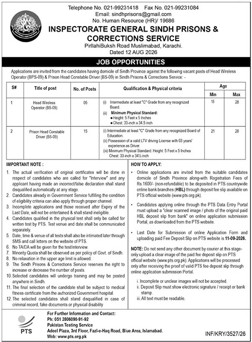 Wireless Operator & Driver Constable Jobs in Inspectorate General Jail Department Sindh August 2026