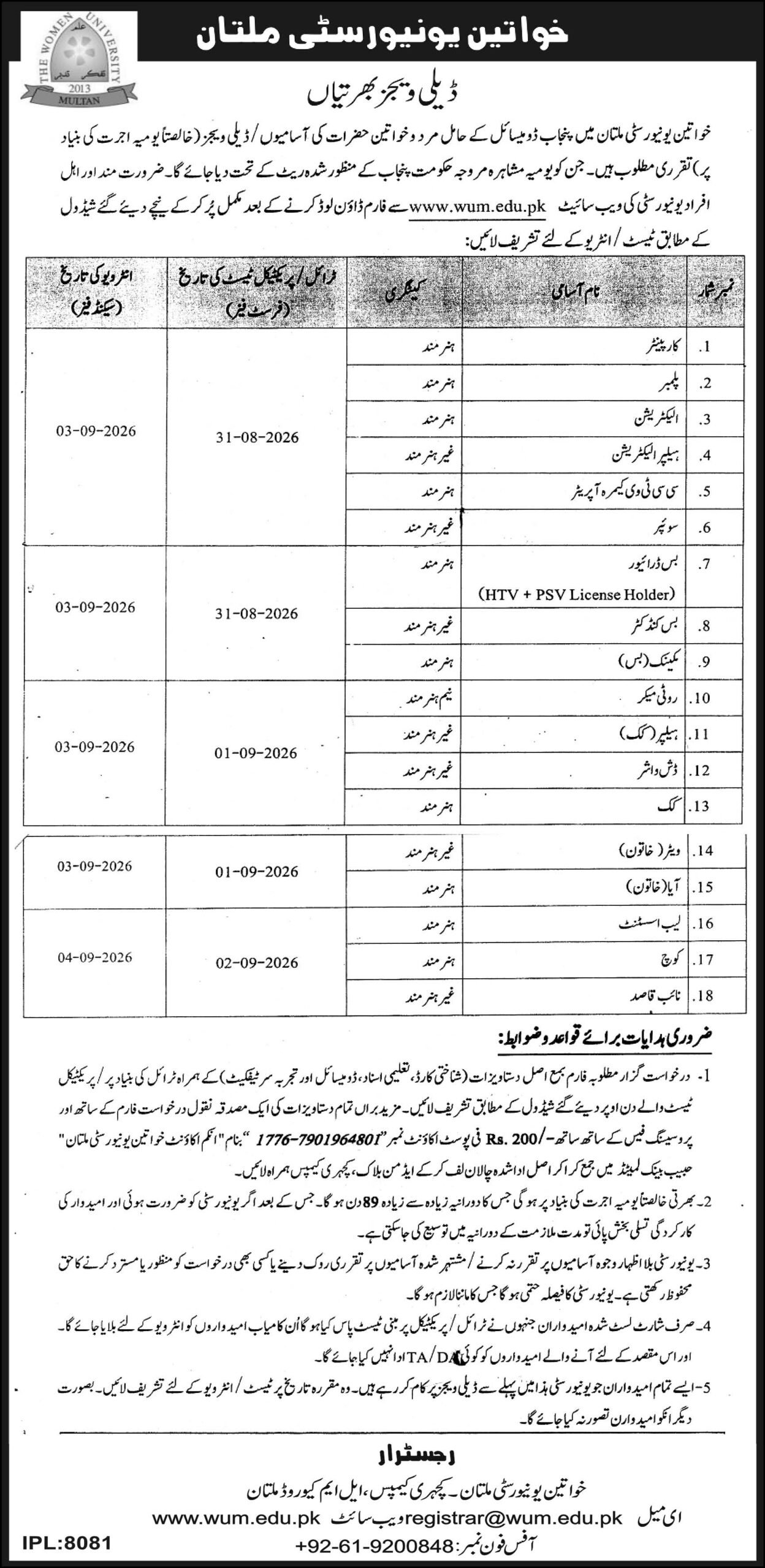 Women University Multan Jobs August 2026 Advertisement