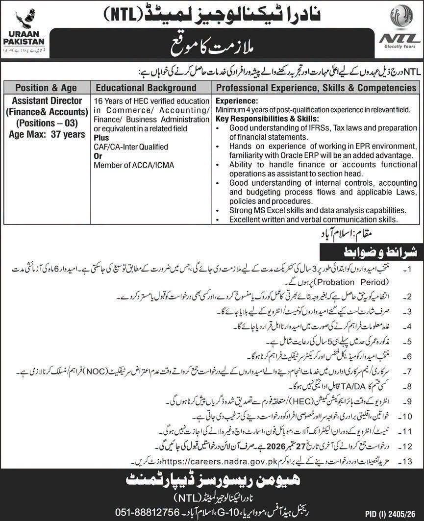 Assistant Director Accounts Jobs in NADRA September 2026