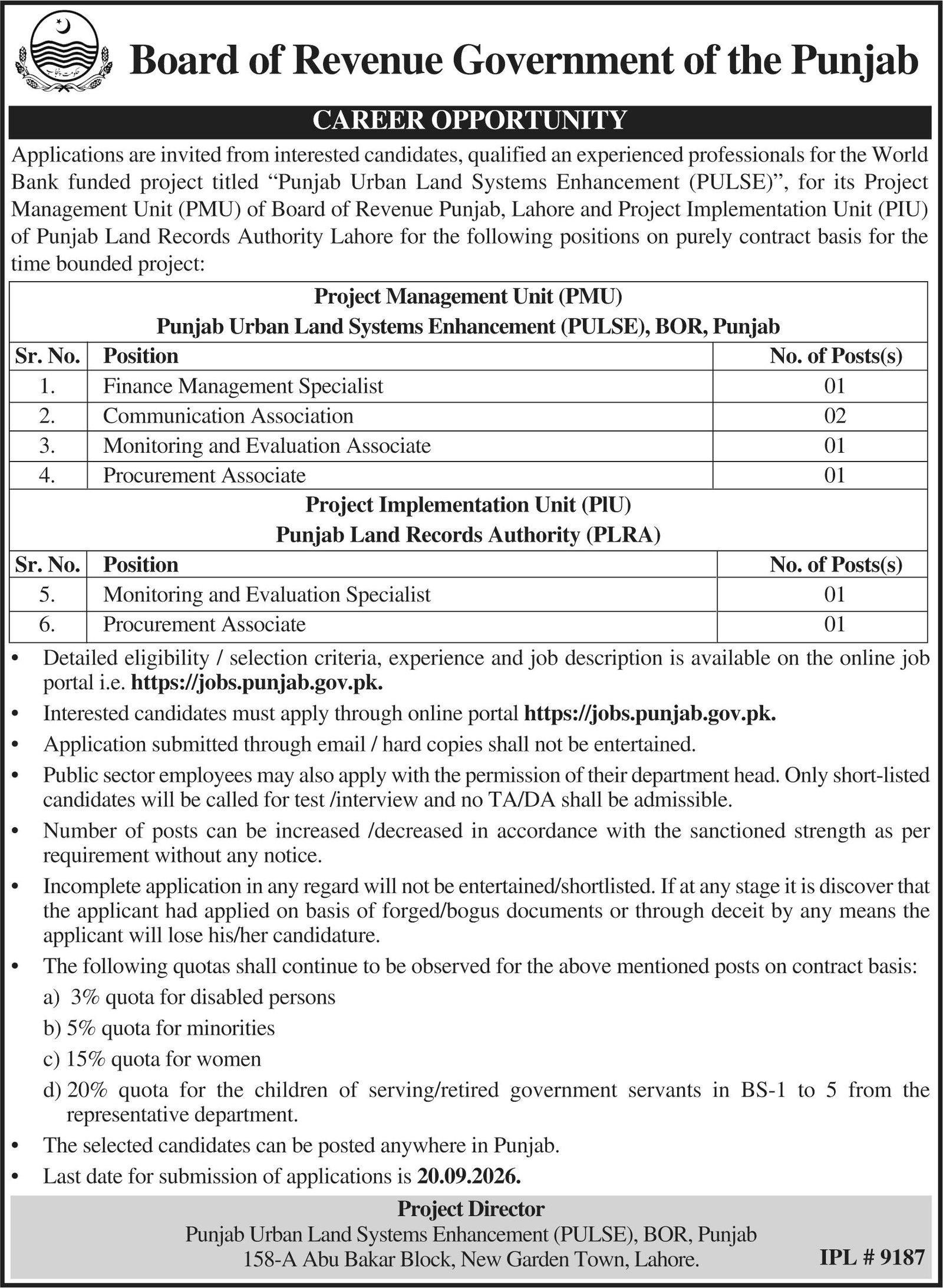 Board Of Revenue Govt of Punjab Jobs September 2026