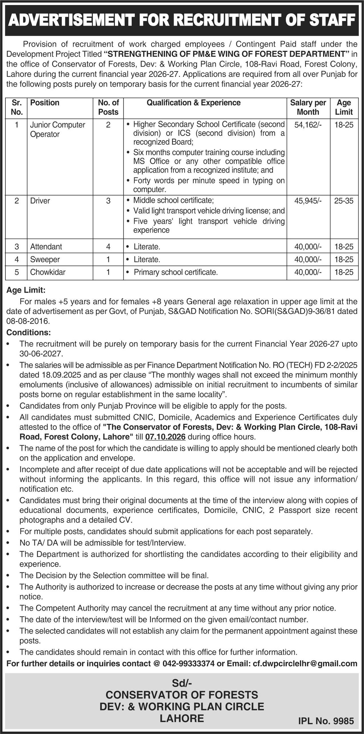 Forest Department Jobs in Punjab September 2026