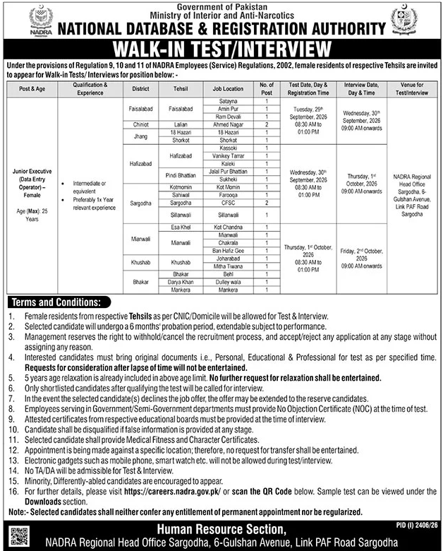Female Data Entry Operator Jobs in NADRA Sargodha Region September 2026