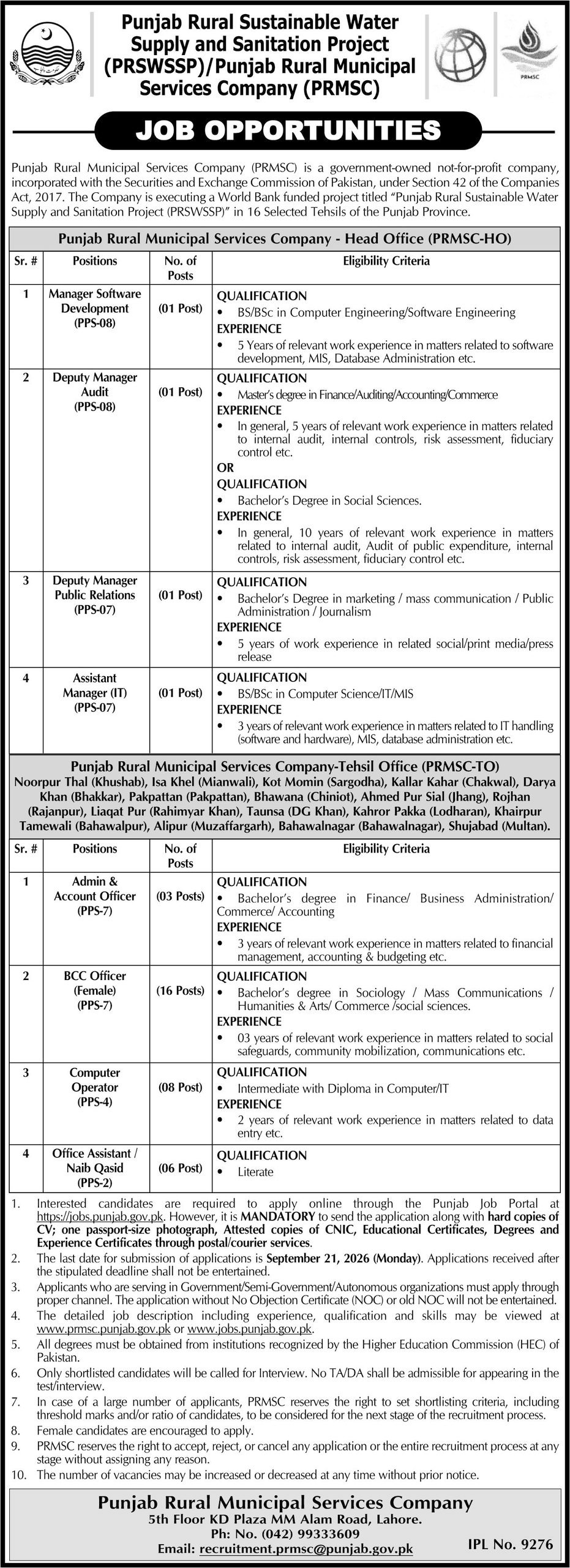 Punjab Rural Sustainable Water Supply Jobs September 2026