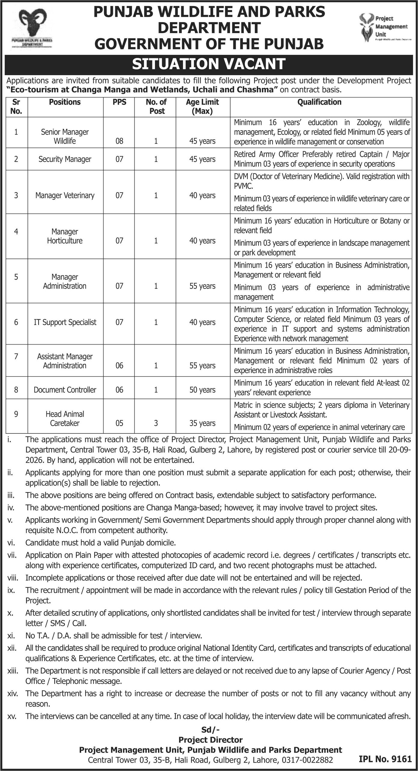 Punjab Wildlife & Parks Department Jobs in Lahore September 2026