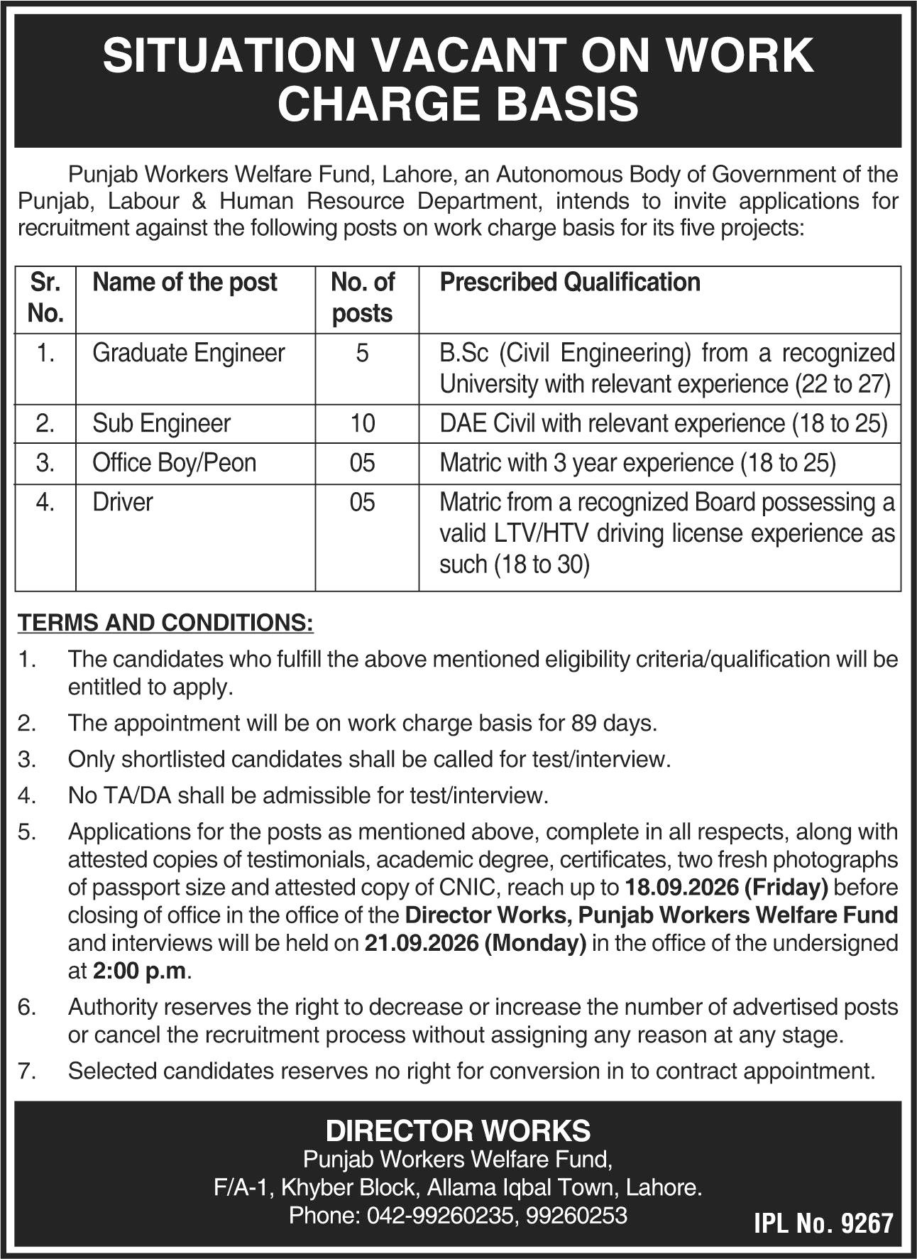 Punjab Worker Welfare Fund Jobs in Lahore September 2026