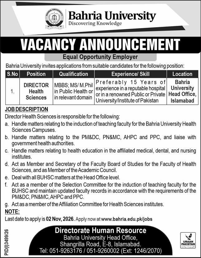 Bahria University Jobs in Islamabad October 2026
