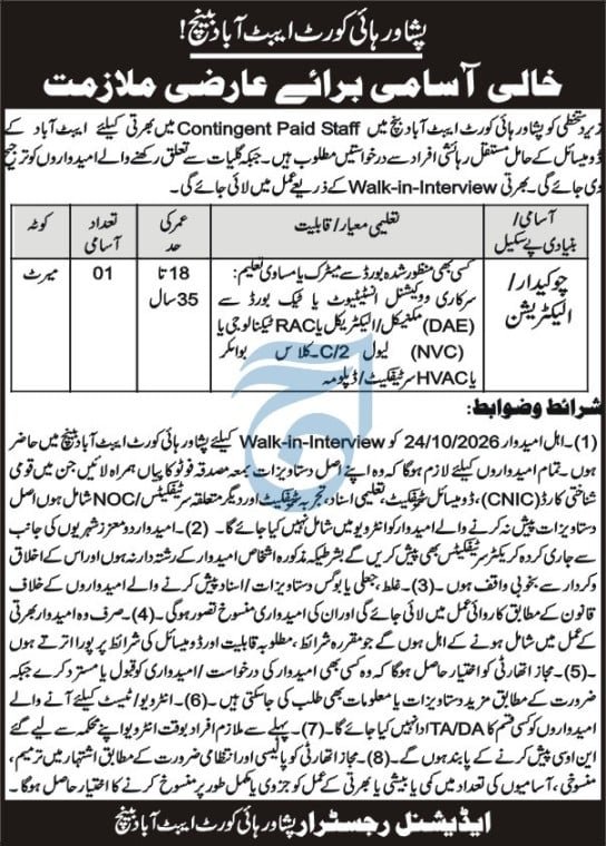 Class 4 Jobs in Peshawar High Court October 2026