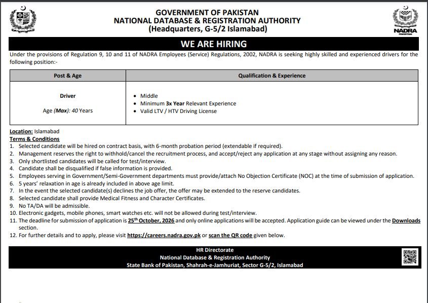 Driver Jobs in NADRA October 2026