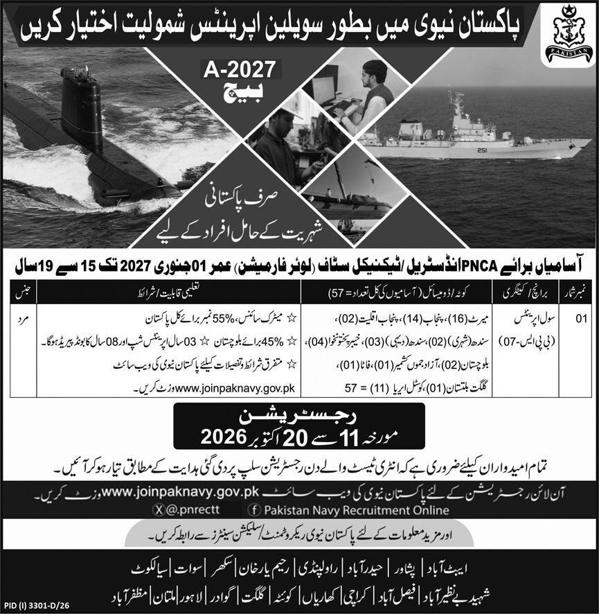 Join Pak Navy as Civilian Apprentice Batch A-2027 Registration Open