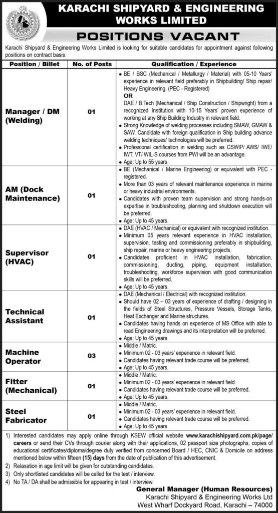 Karachi Shipyard and Engineering Works Limited Jobs October 2026