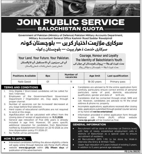 Ministry of Defence Jobs in Balochistan November 2026