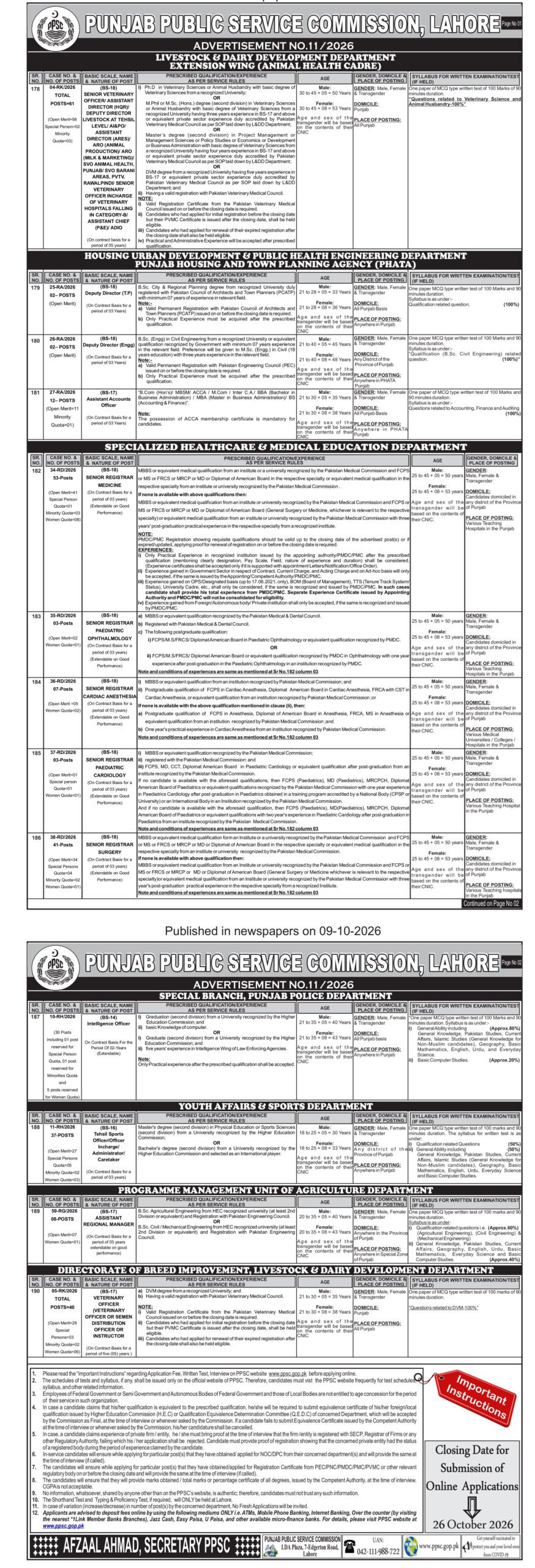 Punjab Public Service Commission Jobs Advertisement 11/2026 