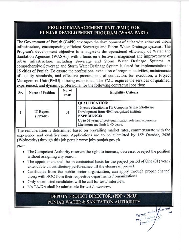 Punjab Water and Sanitation Authority Jobs in Lahore October 2026