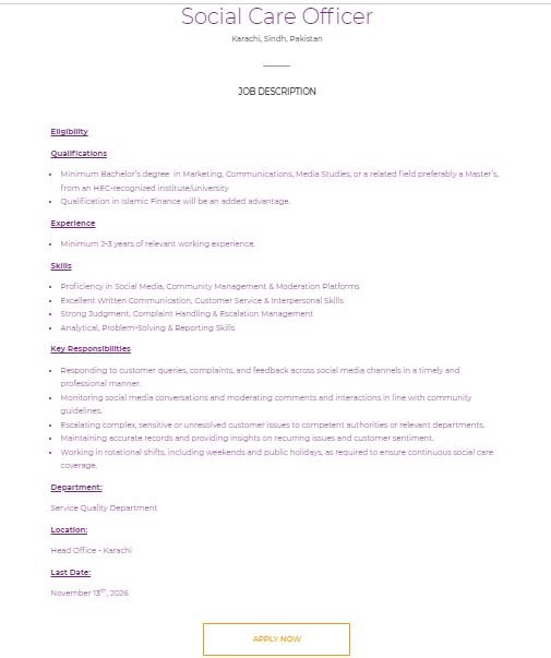 Social Care Officer Jobs in Meezan Bank October 2026
